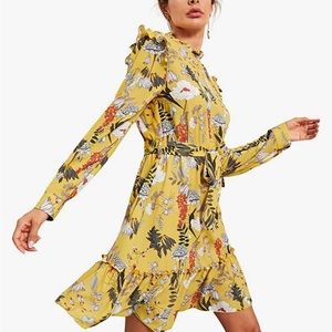 Womens long sleeve ruffle trim self tie floral print short dress
